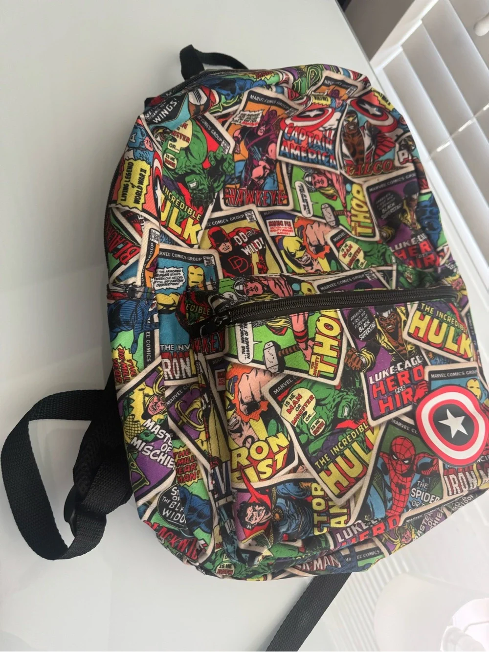 Marvel Multicolor Comic Collage Backpack with Captain America Shield Accent